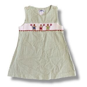 Silly Goose‎ Hand Smocked Dress 24M Girls Green Polka Dot Gingerbread Embroidery